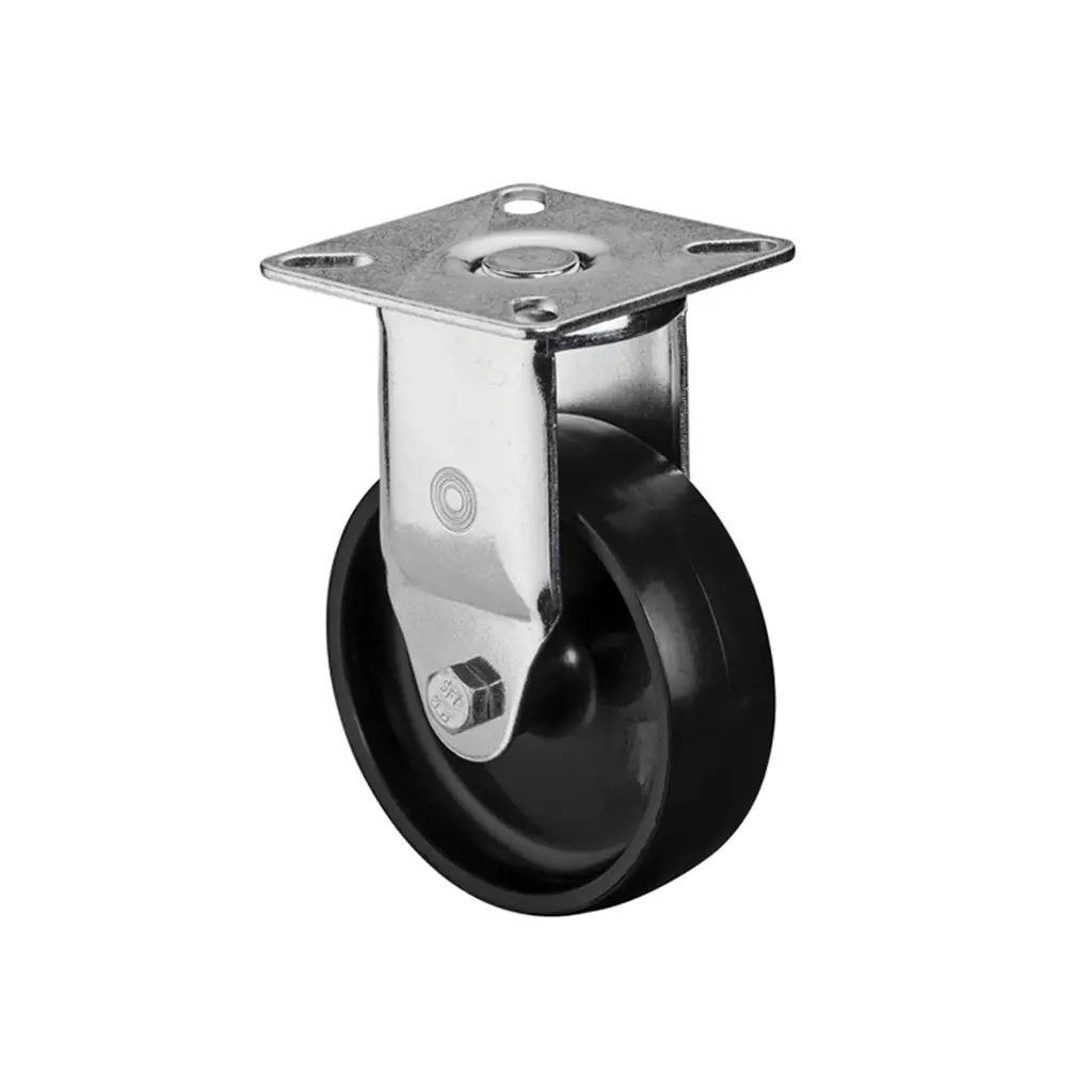 A310.A90.075 75mm fixed top plate 60x60mm castor with black polypropylene plain bearing wheel 50kg