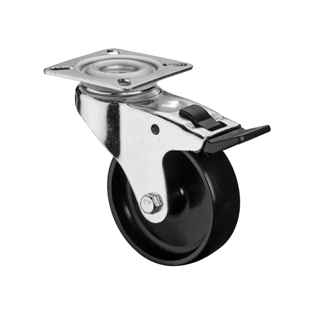 A320.A90.075 75mm swivel/brake top plate 60x60mm castor with black polypropylene plain bearing wheel 50kg