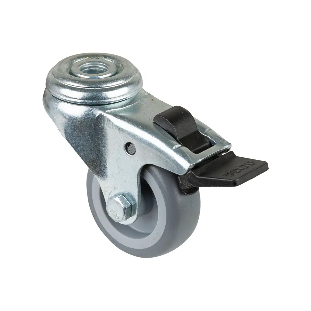 A321.A80.050 50mm swivel/brake bolt hole 10mm castor with grey thermoplastic rubber on polypropylene centre plain bearing wheel 50kg