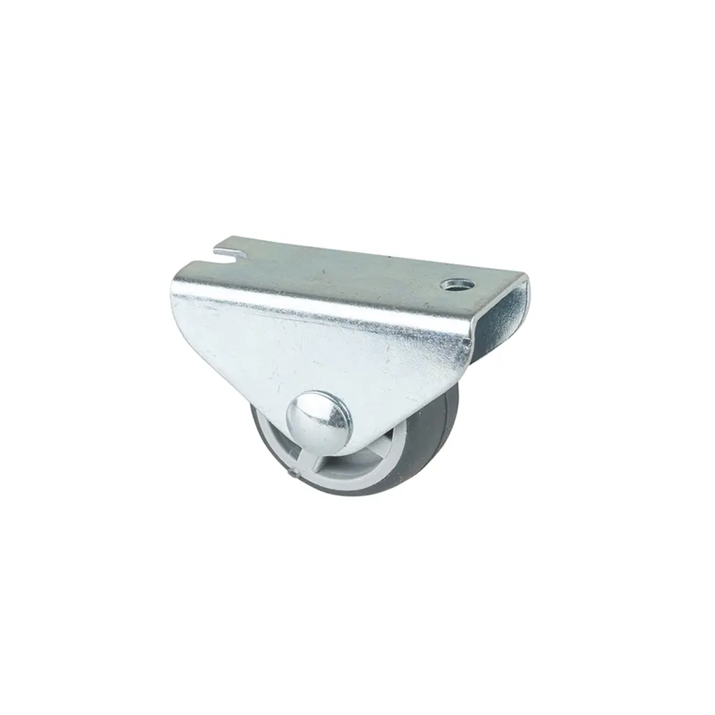E51.025 25mm fixed top plate 41x18mm castor with grey thermoplastic rubber on polypropylene centre plain bearing wheel 30kg
