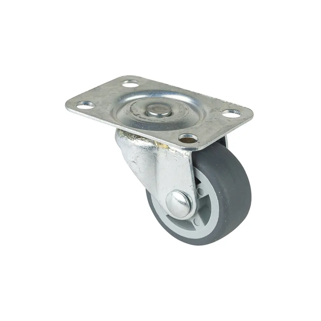 F26.030 30mm swivel top plate 34x48mm castor with grey thermoplastic rubber on polypropylene centre plain bearing wheel 20kg