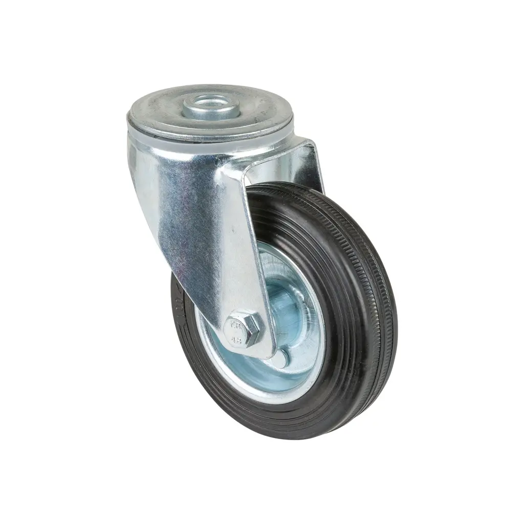 L101.B55.100 100mm swivel bolt hole 12.2mm castor with black rubber on pressed steel centre roller bearing wheel 70kg