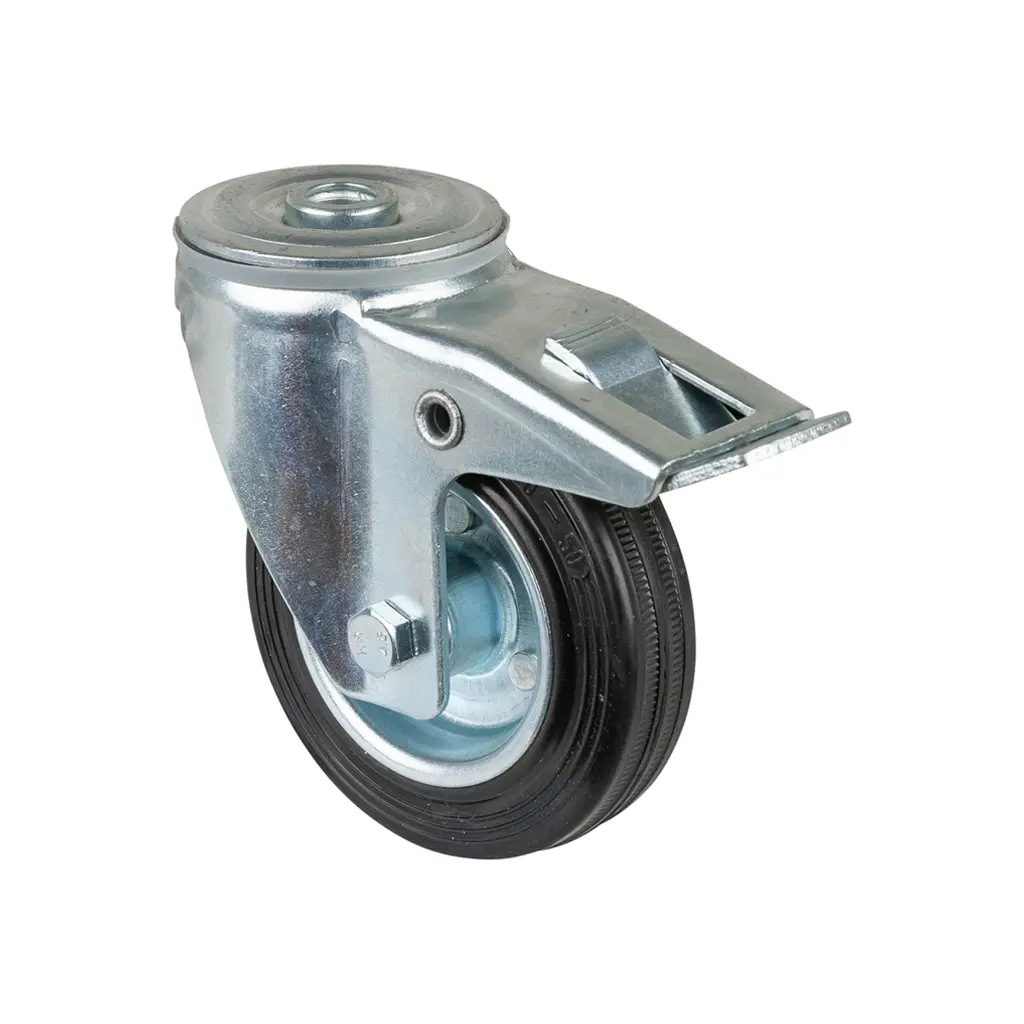 L121.B55.100 100mm swivel/brake bolt hole 12mm castor with black rubber on pressed steel centre roller bearing wheel 70kg