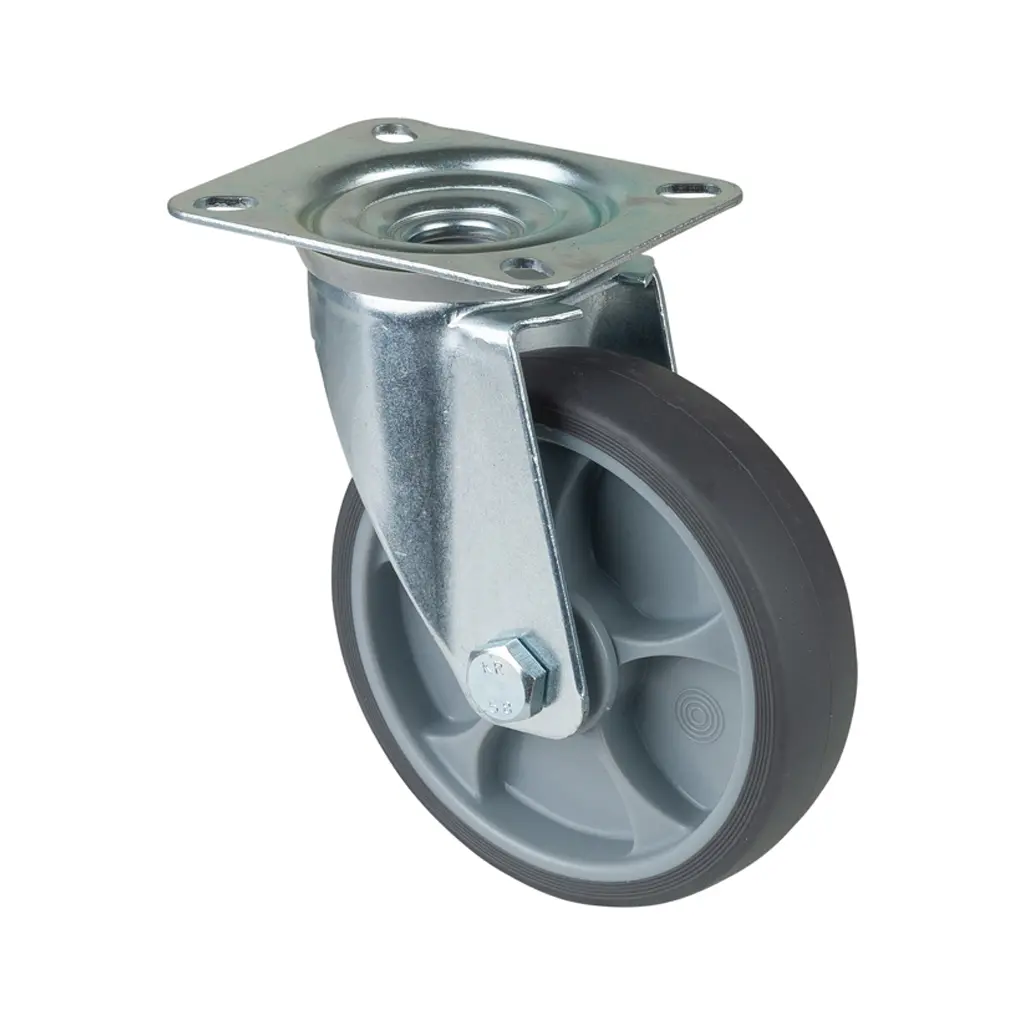 L400.A85.127 125mm swivel top plate 105x80mm castor with grey thermoplastic rubber on polypropylene centre single ball bearing wheel 120kg