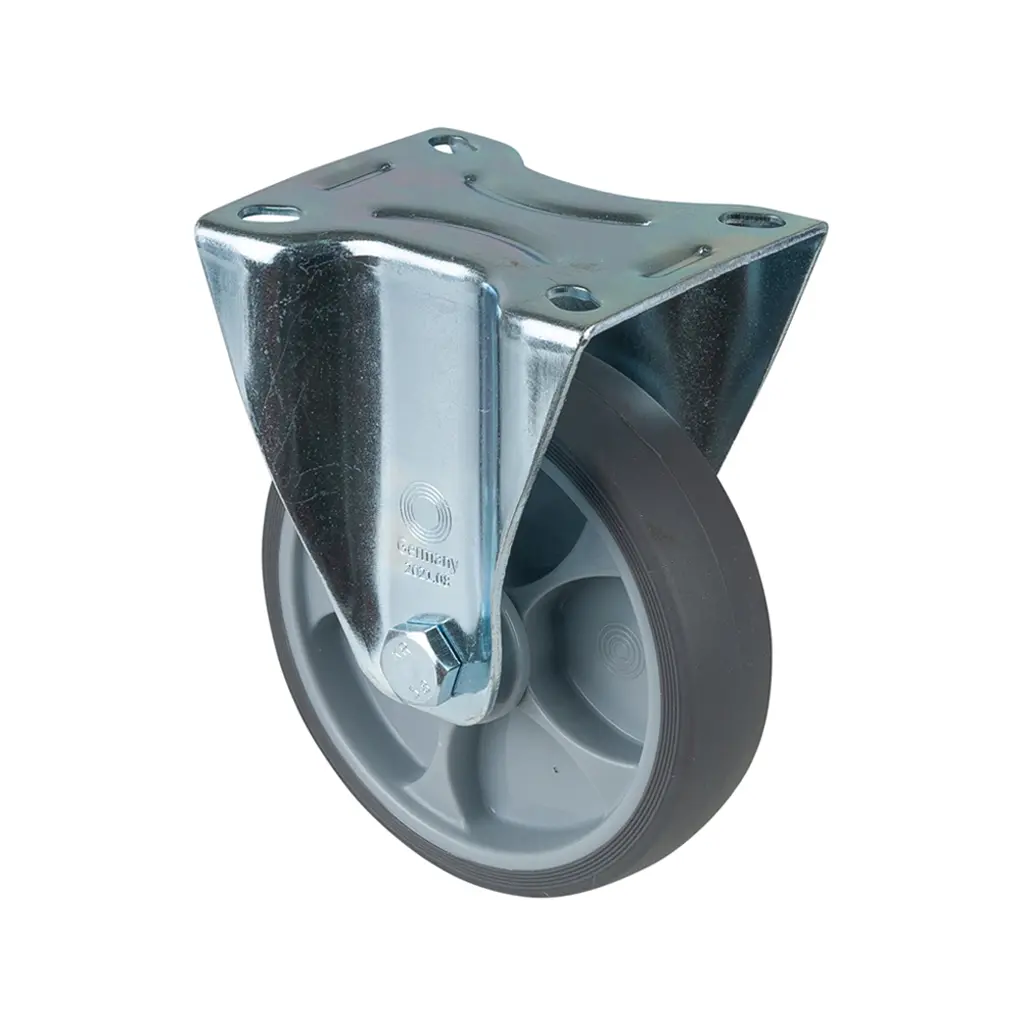 L410.A85.127 125mm fixed top plate 105x84mm castor with grey thermoplastic rubber on polypropylene centre single ball bearing wheel 120kg