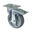 L420.A85.127 125mm swivel/brake top plate 105x80mm castor with grey thermoplastic rubber on polypropylene centre single ball bearing wheel 120kg