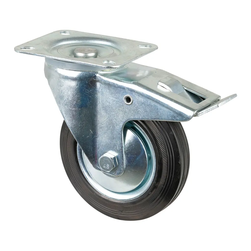 L420.B55.126 125mm swivel/brake top plate 105x80mm castor with black rubber on pressed steel centre and thread guards roller bearing wheel 100kg