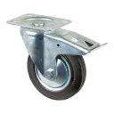 L420.B55.126 125mm swivel/brake top plate 105x80mm castor with black rubber on pressed steel centre and thread guards roller bearing wheel 100kg