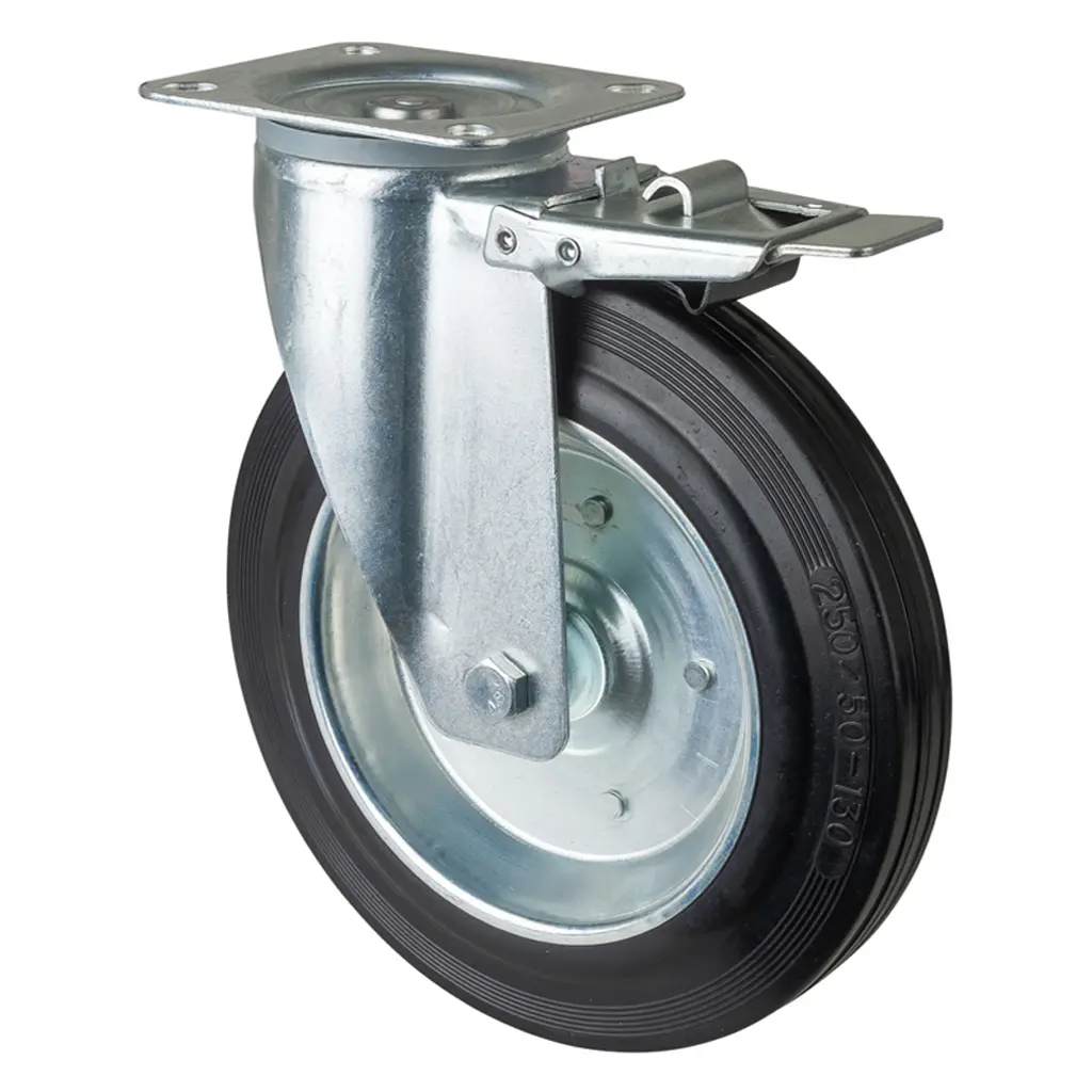 L420.B55.250, 250mm swivel/brake top plate 135x110mm castor with black rubber on pressed steel centre roller bearing wheel 250kg