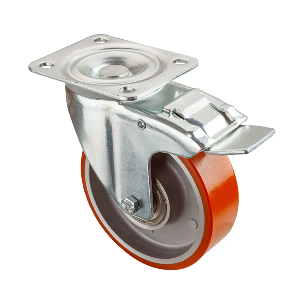 LB520.B90.125, 125mm swivel/brake top plate 105x85mm castor with brown polyurethane on aluminium centre ball bearing wheel 300kg