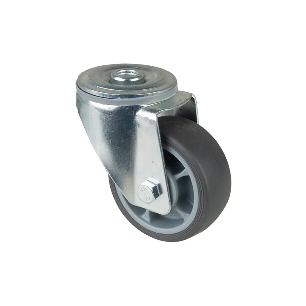 L101.A85.082 80mm swivel bolt hole 12.2mm castor with grey thermoplastic rubber on polypropylene centre single ball bearing wheel 100kg
