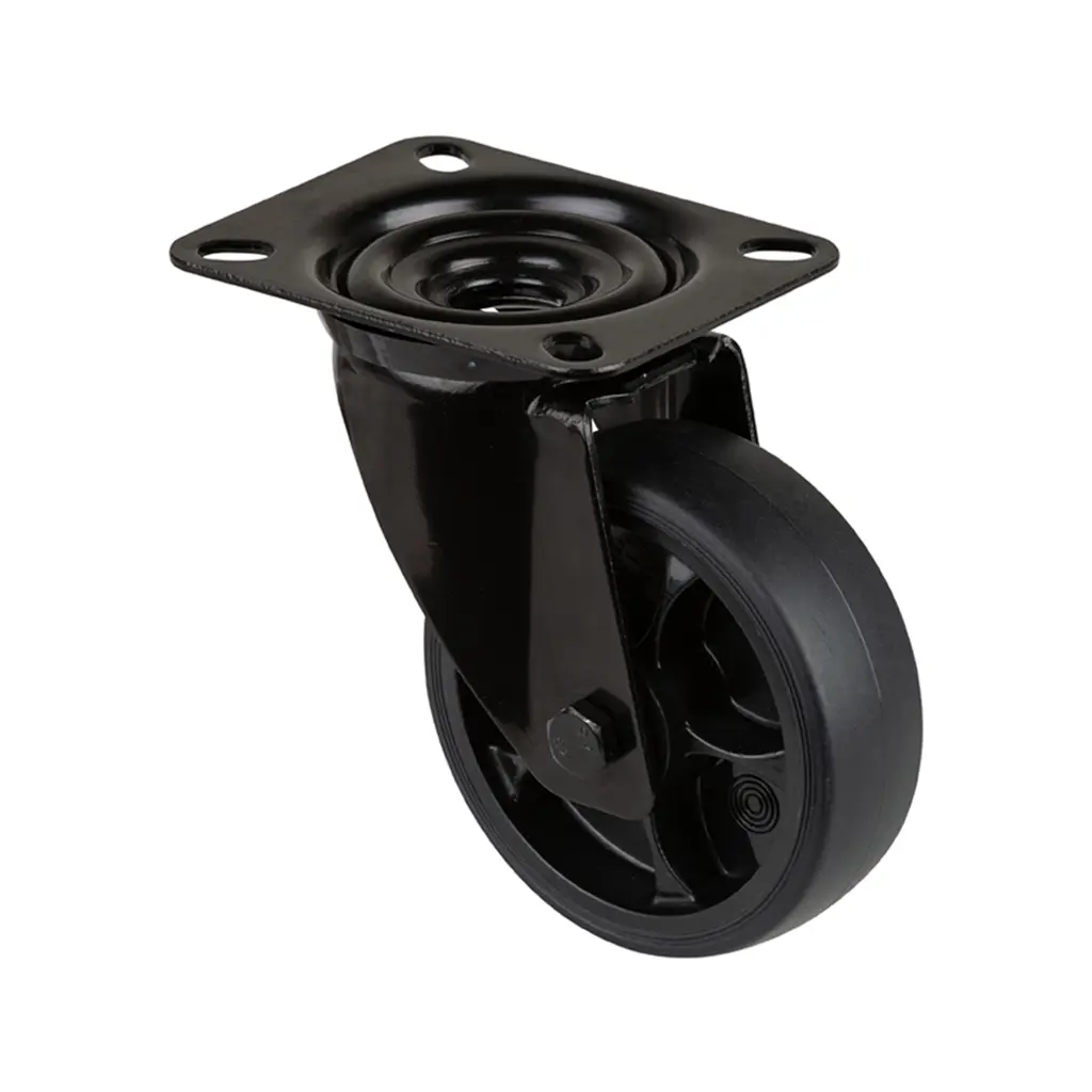 L800.B44.101.06 100mm swivel top plate 104x80mm castor with black thermoplastic rubber on polypropylene centre roller bearing wheel 110kg