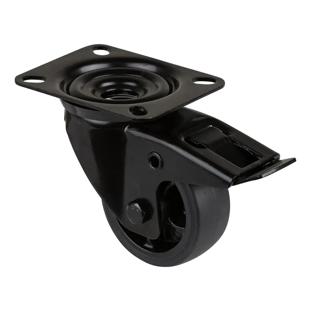 L820.B44.081.06 80mm swivel/brake top plate 104x80mm castor with black thermoplastic rubber on polypropylene centre roller bearing wheel 100kg
