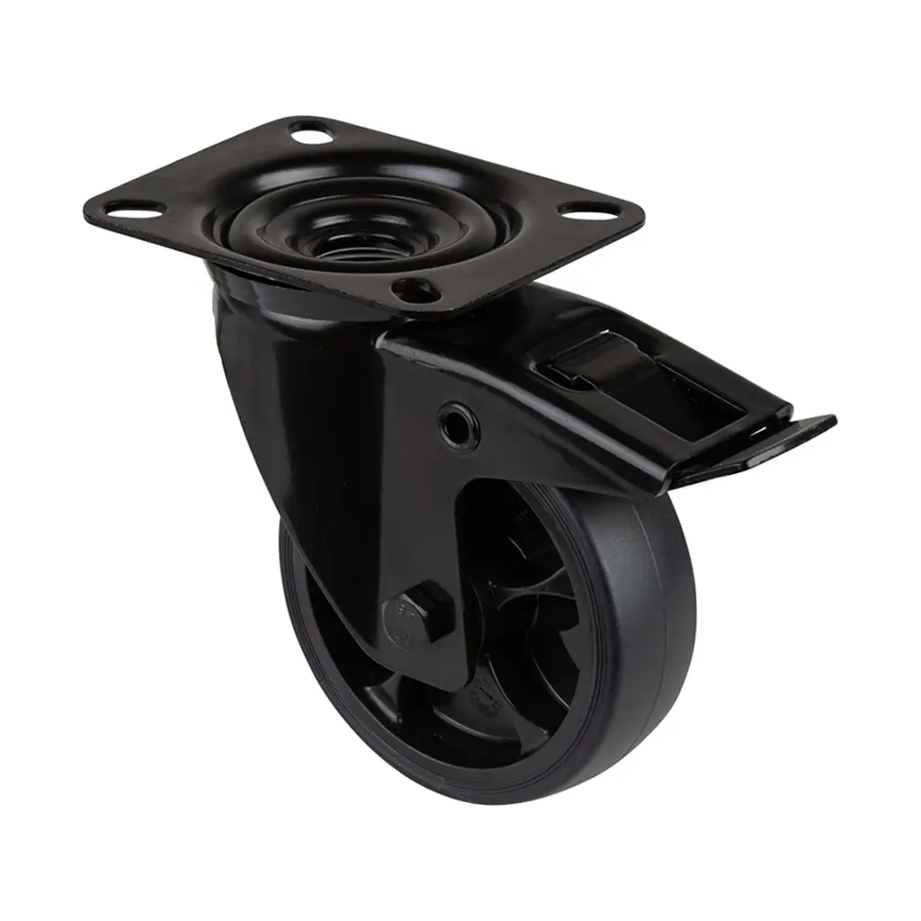 L820.B44.101.06 100mm swivel/brake top plate 104x80mm castor with black thermoplastic rubber on polypropylene centre roller bearing wheel 110kg