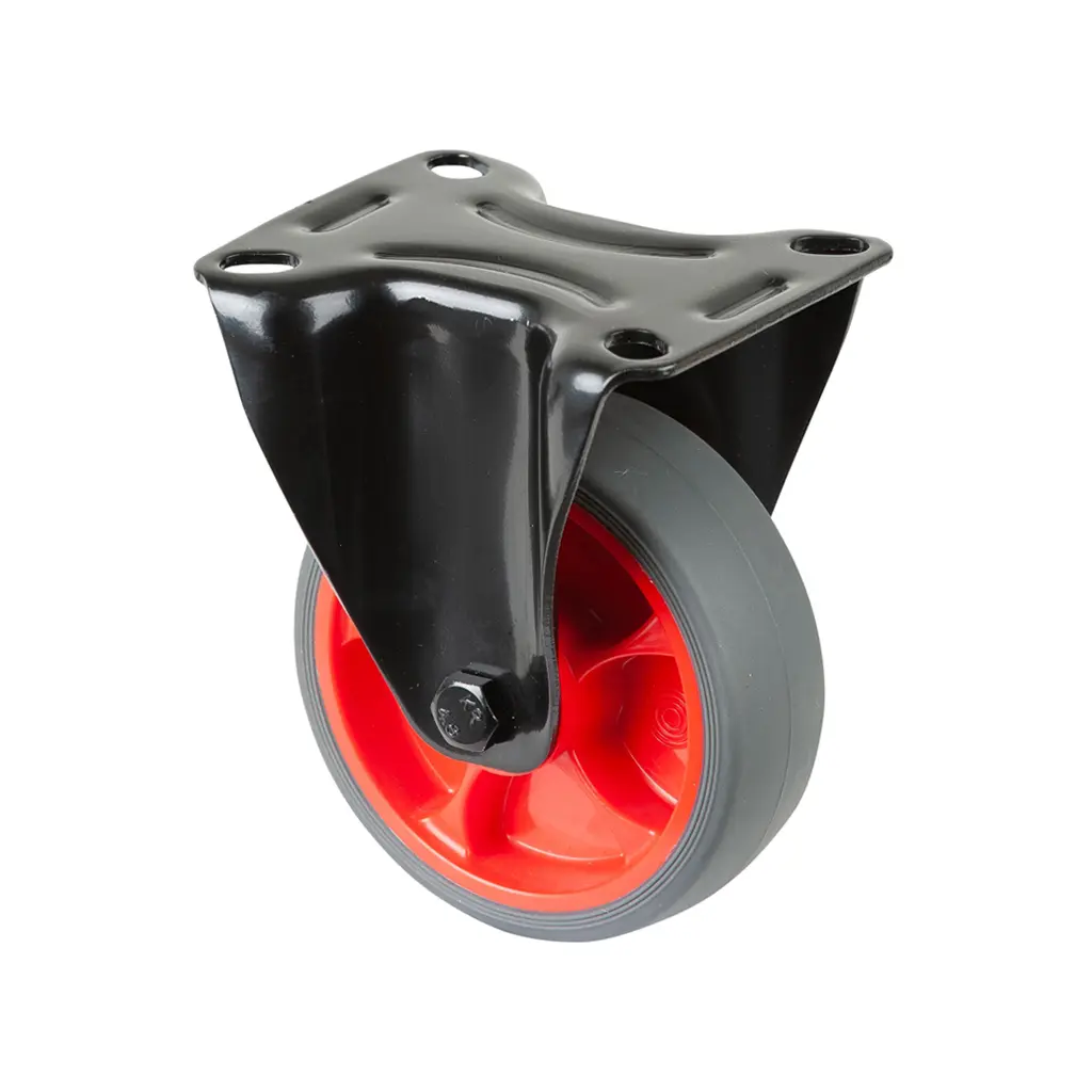 L810.B44.101.03 100mm fixed top plate 104x80mm castor with grey thermoplastic rubber on polypropylene centre roller bearing wheel 110kg
