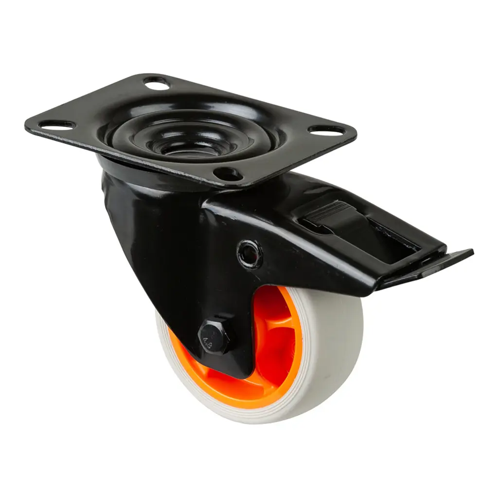 L820.B44.081.02 80mm swivel/brake top plate 104x80mm castor with light grey thermoplastic rubber on polypropylene centre roller bearing wheel 100kg