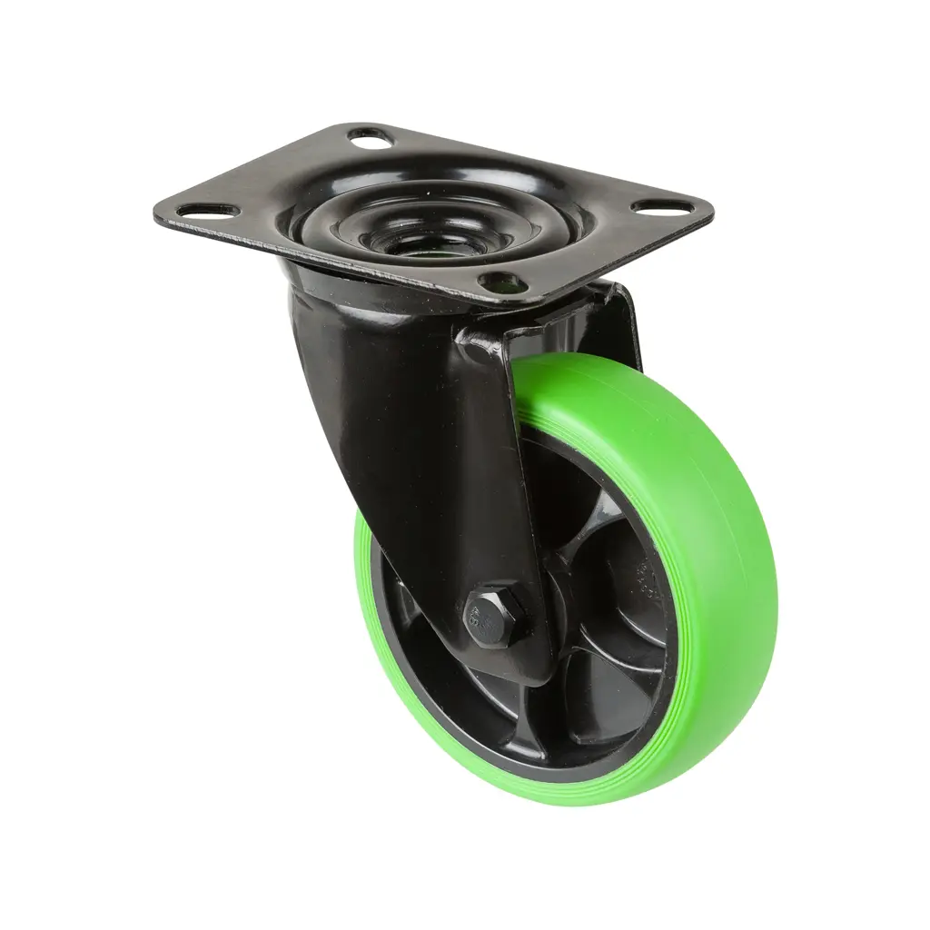 L800.B44.101.04 100mm swivel top plate 104x80mm castor with green thermoplastic rubber on polypropylene centre roller bearing wheel 110kg