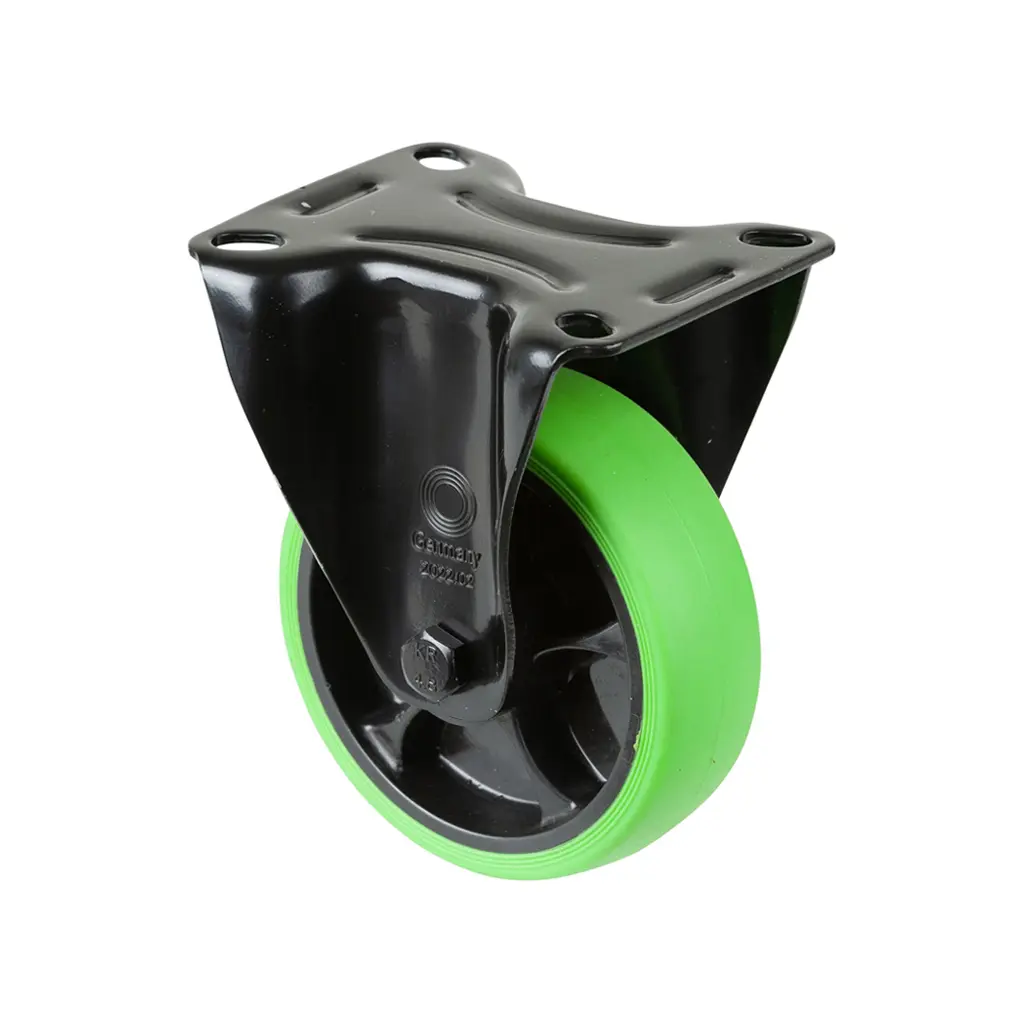 L810.B44.101.04 100mm fixed top plate 104x80mm castor with green thermoplastic rubber on polypropylene centre roller bearing wheel 110kg