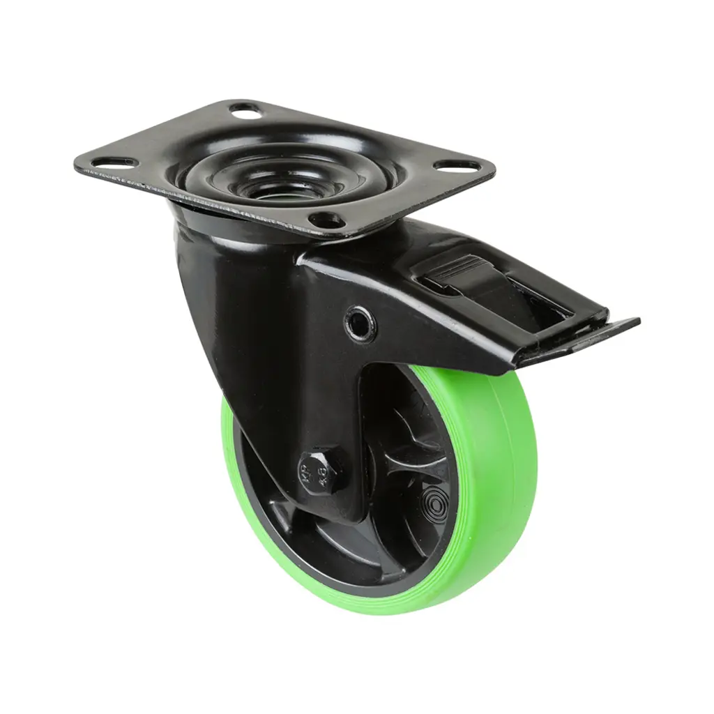 L820.B44.101.04 100mm swivel/brake top plate 104x80mm castor with green thermoplastic rubber on polypropylene centre roller bearing wheel 110kg