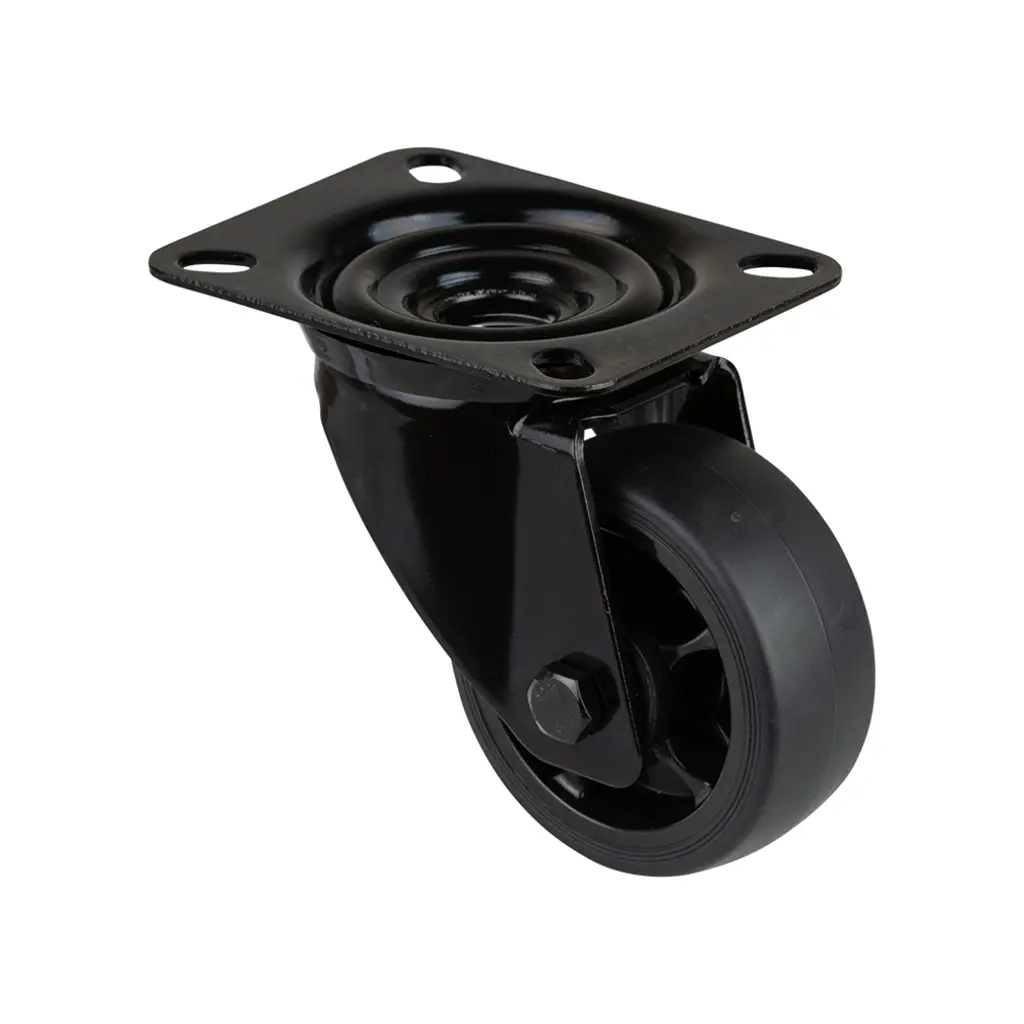 L800.B44.081.06 80mm swivel top plate 104x80mm castor with black thermoplastic rubber on polypropylene centre roller bearing wheel 100kg