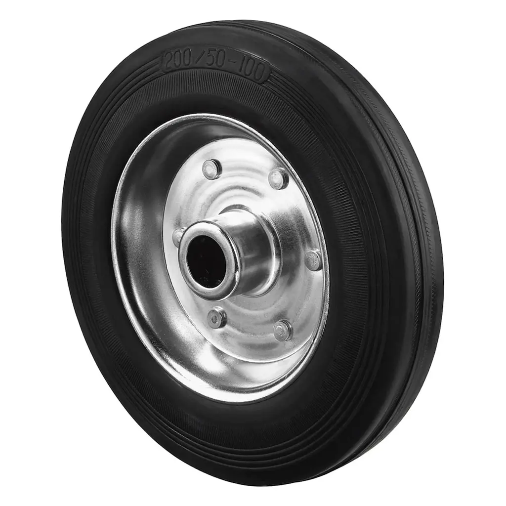 B55.202 Wheel series 200mm black rubber on zinc plated steel centre 25mm bore hub length 60mm roller bearing 205kg