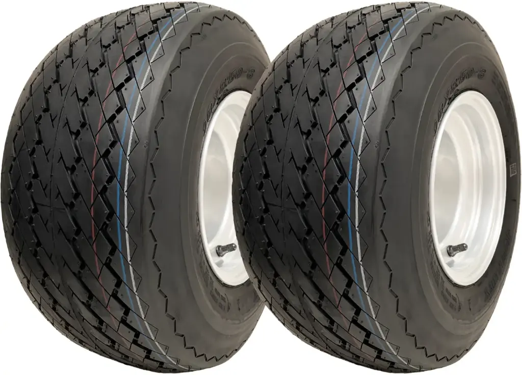 Set of 2 - 18x8.50-8 4pr Journey P509 golf cart tyre TL on white steel wheel rim 4 stud golf buggy, 370kg load capacity