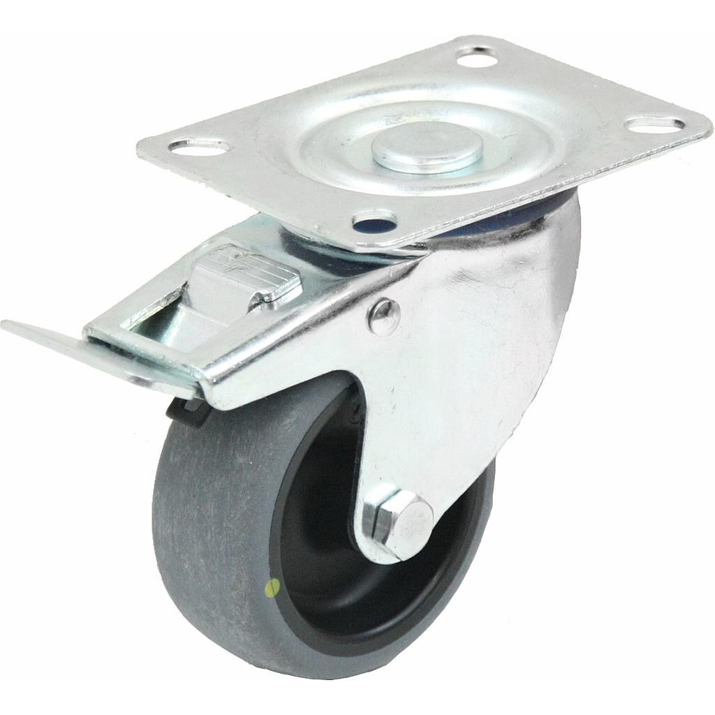 L420.100 100mm swivel/brake top plate 100x80mm castor with electrically conductive grey thermoplastic rubber on polypropylene centre plain bearing wheel 70kg