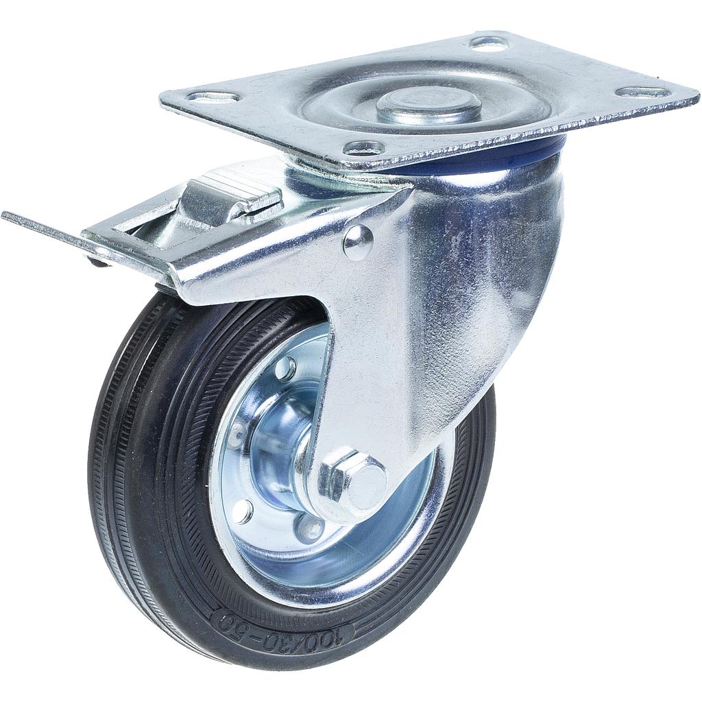 L420.100 100mm swivel/brake top plate 100x80mm castor with black rubber on pressed steel centre roller bearing wheel 70kg