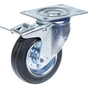 L420.100 100mm swivel/brake top plate 100x80mm castor with black rubber on pressed steel centre roller bearing wheel 70kg