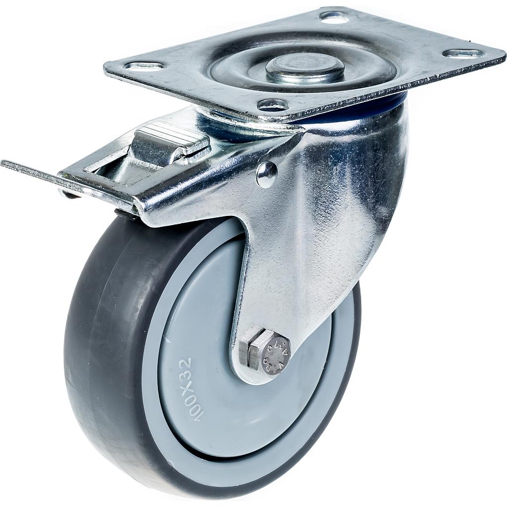 L420.100 100mm swivel/brake top plate 100x80mm castor with grey thermoplastic rubber on polypropylene centre single ball bearing wheel 110kg