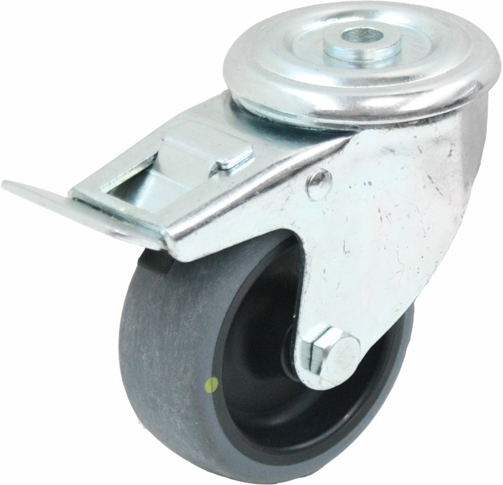 300 series 125mm swivel/brake bolt hole 10,5mm castor with electrically conductive grey thermoplastic rubber on polypropylene centre plain bearing wheel 80kg