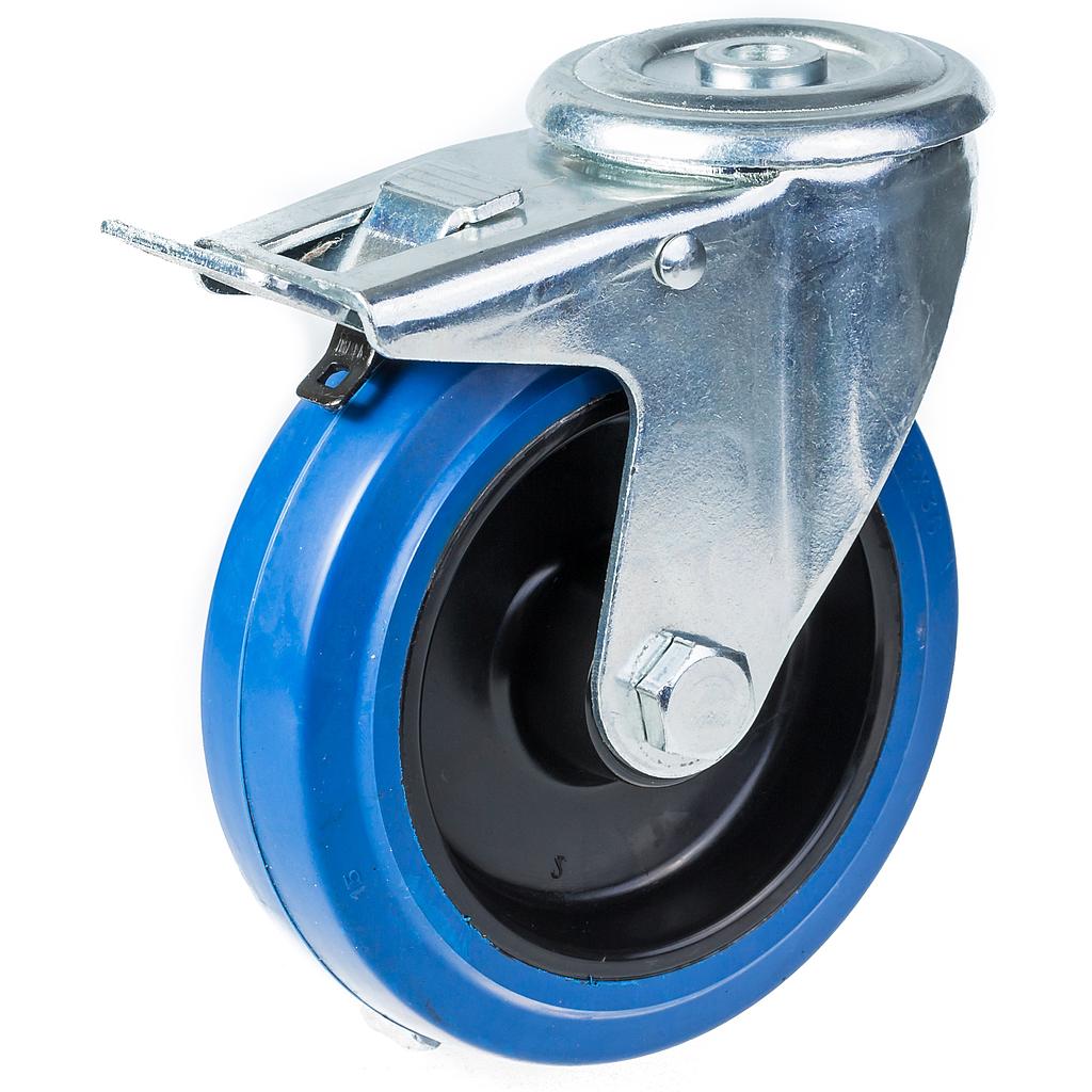 300 series 125mm swivel/brake bolt hole 10,5mm castor with blue elastic rubber on nylon centre roller bearing wheel 170kg
