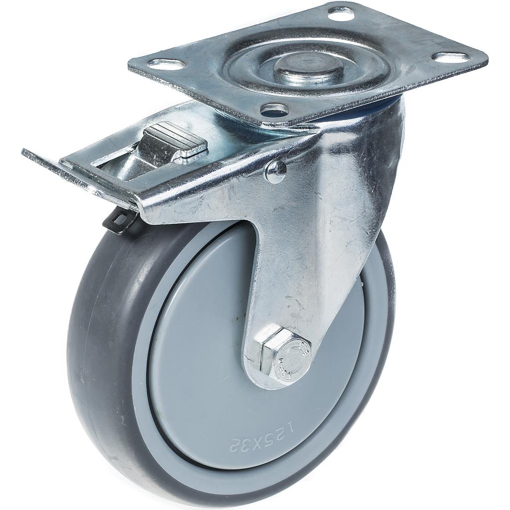 300 series 125mm swivel/brake top plate 100x80mm castor with grey thermoplastic rubber on polypropylene centre single ball bearing wheel 130kg