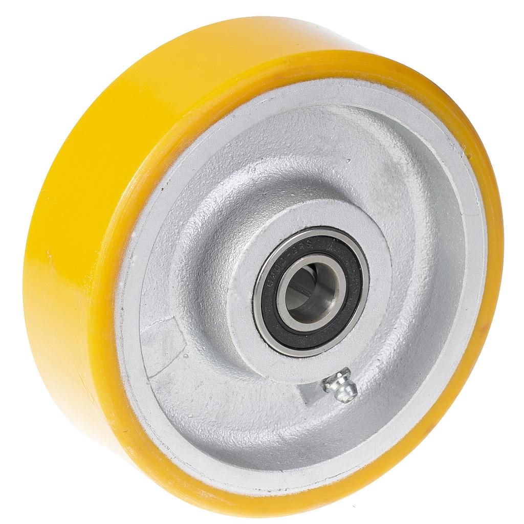 Wheel series 125mm YELLOW polyurethane on cast iron centre 15mm bore hub length 45mm ball bearing 350kg