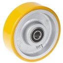 Wheel series 125mm YELLOW polyurethane on cast iron centre 15mm bore hub length 45mm ball bearing 350kg