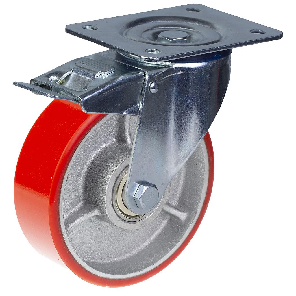 300 series 152mm swivel/brake top plate 140x110mm castor with RED polyurethane on cast iron centre ball bearing wheel 350kg