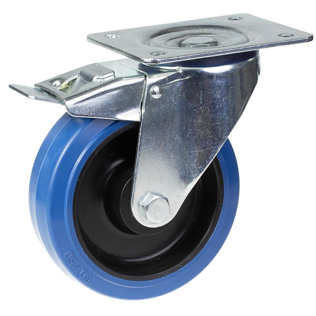 300 series 160mm swivel/brake top plate 140x110mm castor with blue elastic rubber on nylon centre roller bearing wheel 350kg