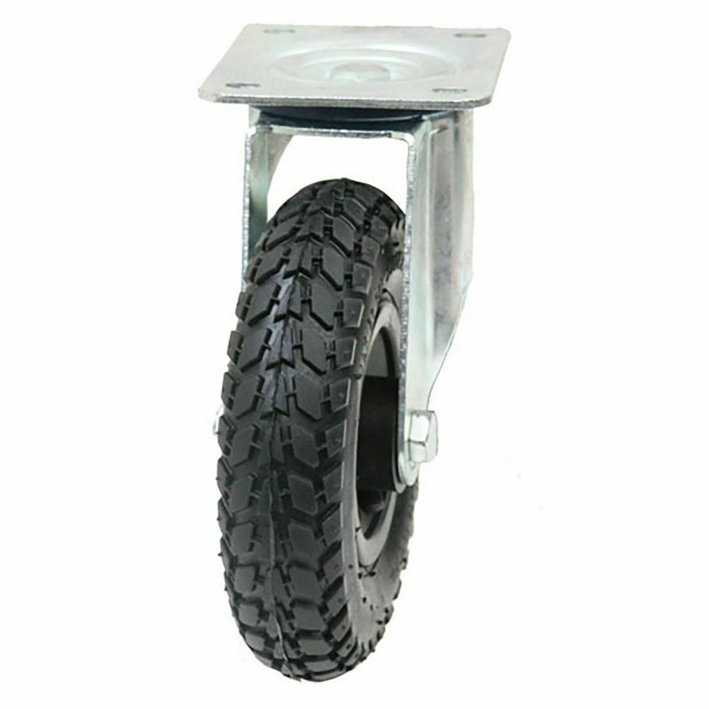 300 series 200mm swivel top plate 140x110mm castor with black pneumatic block patterned rubber tyre on black plastic rim roller bearing wheel 100kg