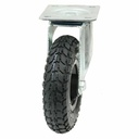 300 series 200mm swivel top plate 140x110mm castor with black pneumatic block patterned rubber tyre on black plastic rim roller bearing wheel 100kg