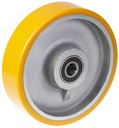 Wheel series 200mm YELLOW polyurethane on cast iron centre 20mm bore hub length 60mm ball bearing 1000kg