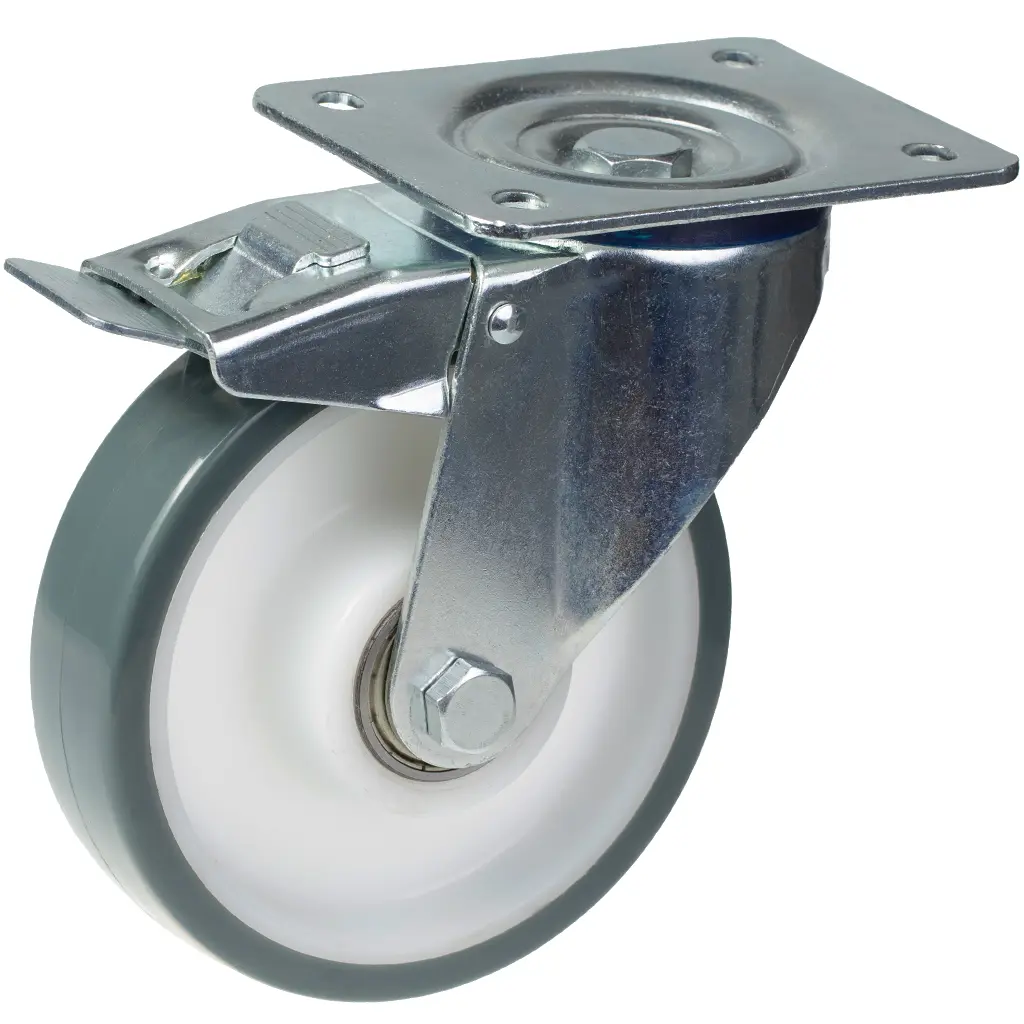 300 series 200mm swivel/brake top plate 140x110mm castor with polyurethane on polypropylene centre ball bearing wheel 350kg