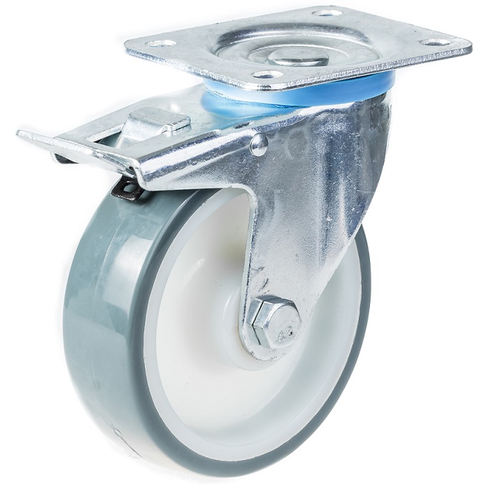 322 series 125mm swivel/brake top plate 106x86mm castor with polyurethane on nylon centre roller bearing wheel 250kg