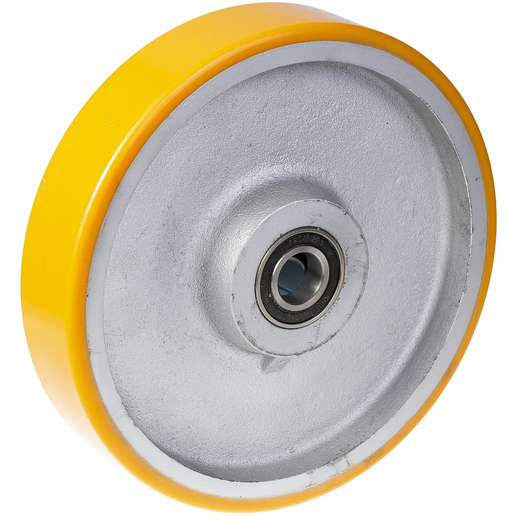 Wheel series 250mm YELLOW polyurethane on cast iron centre 25mm bore hub length 60mm ball bearing 1250kg
