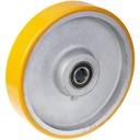 Wheel series 250mm YELLOW polyurethane on cast iron centre 25mm bore hub length 60mm ball bearing 1250kg