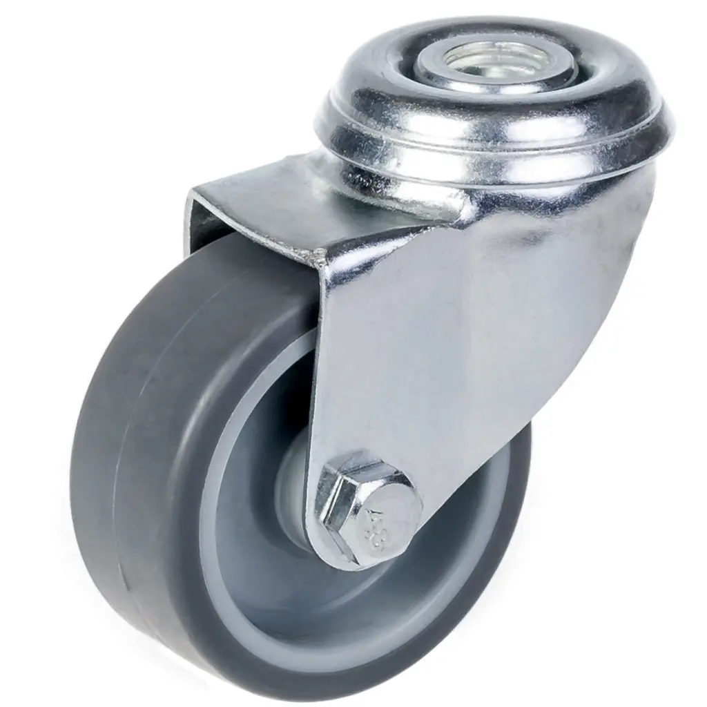 100 series 50mm swivel bolt hole 10mm castor with grey thermoplastic rubber on polypropylene centre plain bearing wheel 40kg