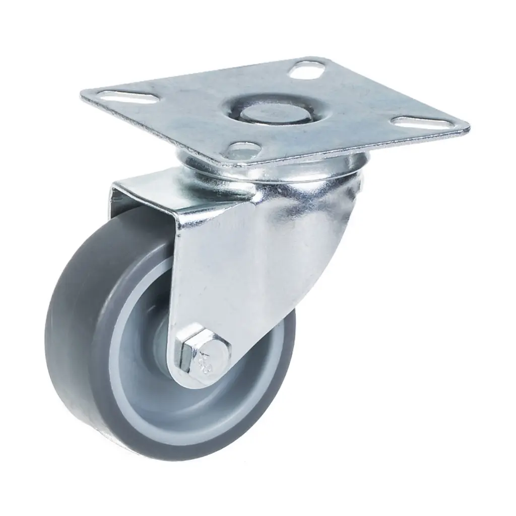 100 series 50mm swivel top plate 60x60mm castor with grey thermoplastic rubber on polypropylene centre plain bearing wheel 40kg