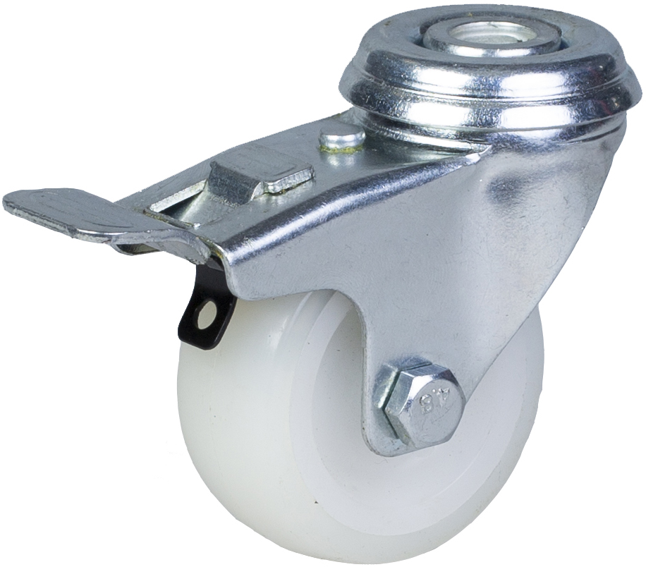 100 series 50mm swivel/brake bolt hole 10mm castor with nylon tread on polypropylene centre plain bearing wheel 50kg