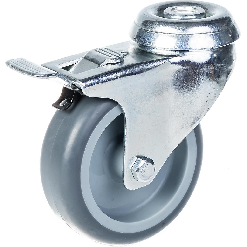 100 series 75mm swivel/brake bolt hole 10mm castor with grey thermoplastic rubber on polypropylene centre plain bearing wheel 60kg