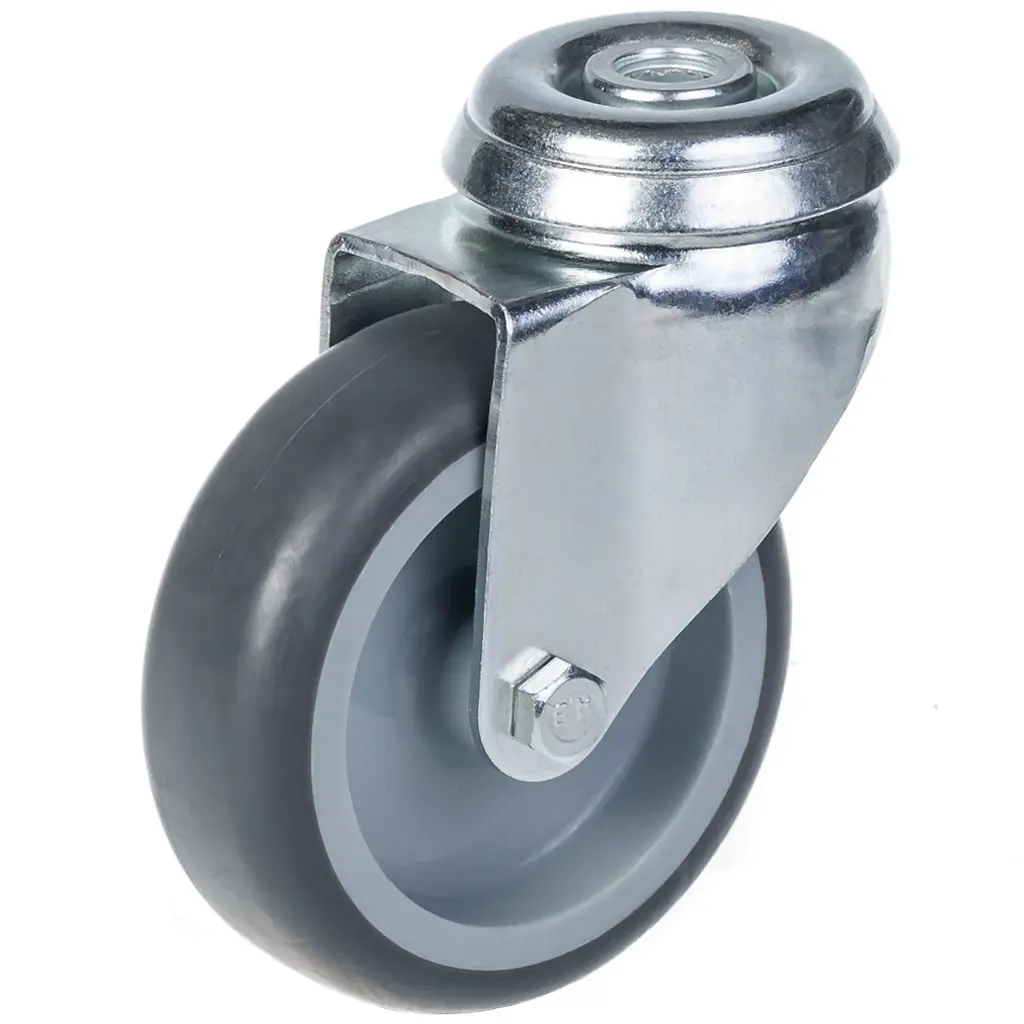 100 series 75mm swivel bolt hole 10mm castor with grey thermoplastic rubber on polypropylene centre plain bearing wheel 60kg