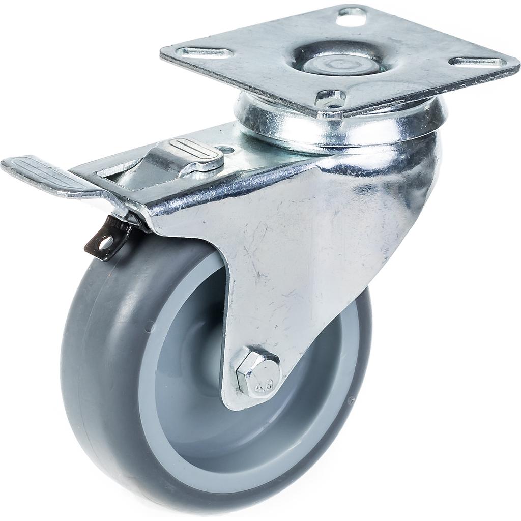 100 series 75mm swivel/brake top plate 60x60mm castor with grey thermoplastic rubber on polypropylene centre plain bearing wheel 60kg